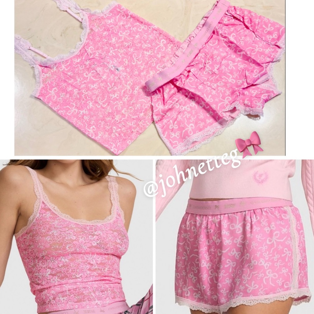 PINK × LoveShackFancy Lace Cami Silky Pajama Shorts Tossed Bows Coquette Girl M
